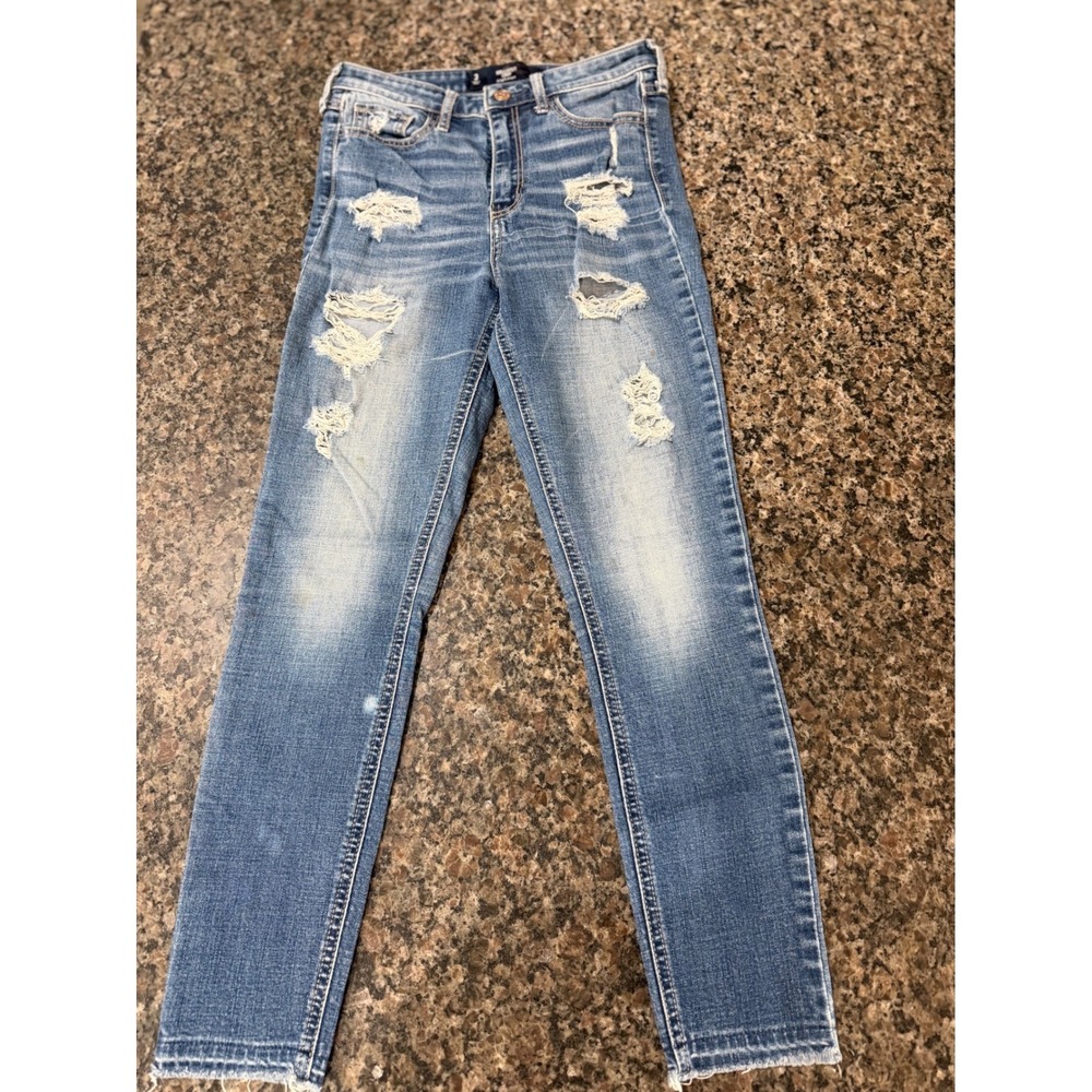 Hollister High Rise Crop Jeans 3 W26 Distressed Raw Hem Medium Wash Stretch